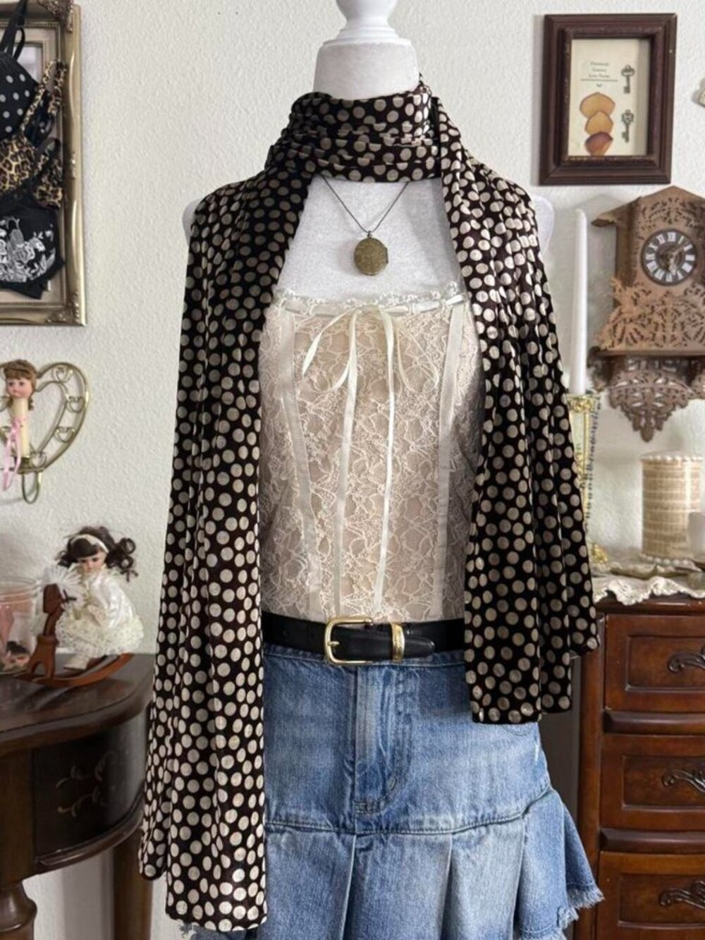 Vintage whimsical quirky twee brown velvet pollkadot scarf / shawl